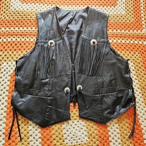 Mens XXL 3XL Vintage Black Leather Western Biker Fringe Concho Lace-up Vest